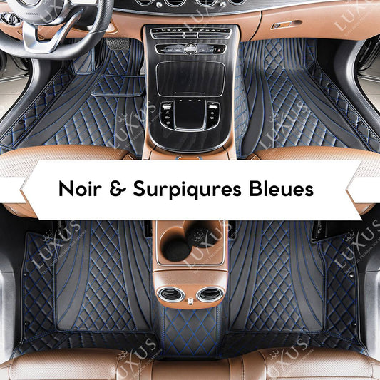 Tapis de Sol Premium Sur Mesure en 3D | Motif Hybride | Noir et Surpiqures Bleues