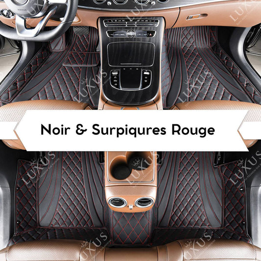 Tapis de Sol Premium Sur Mesure en 3D | Motif Hybride | Noir et Surpiqures Rouge