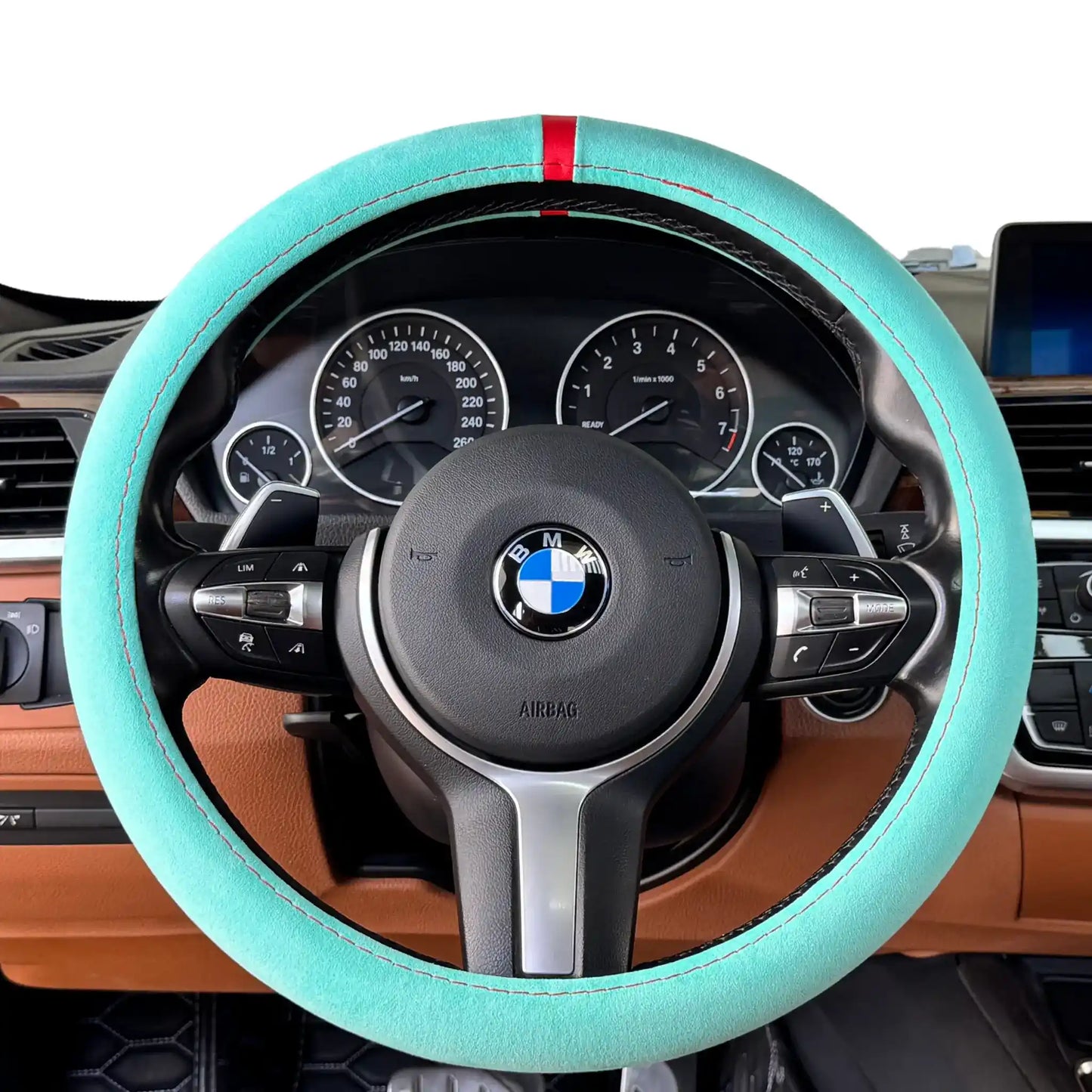 Couvre Volant Complet en Alcantara - Bleu Tiffany et Surpiqures Rouges