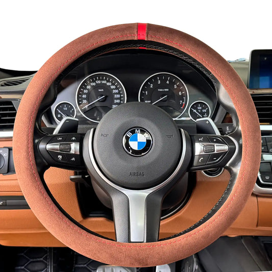 Couvre Volant Complet en Alcantara - Marron Chocolat et Surpiqures Rouges