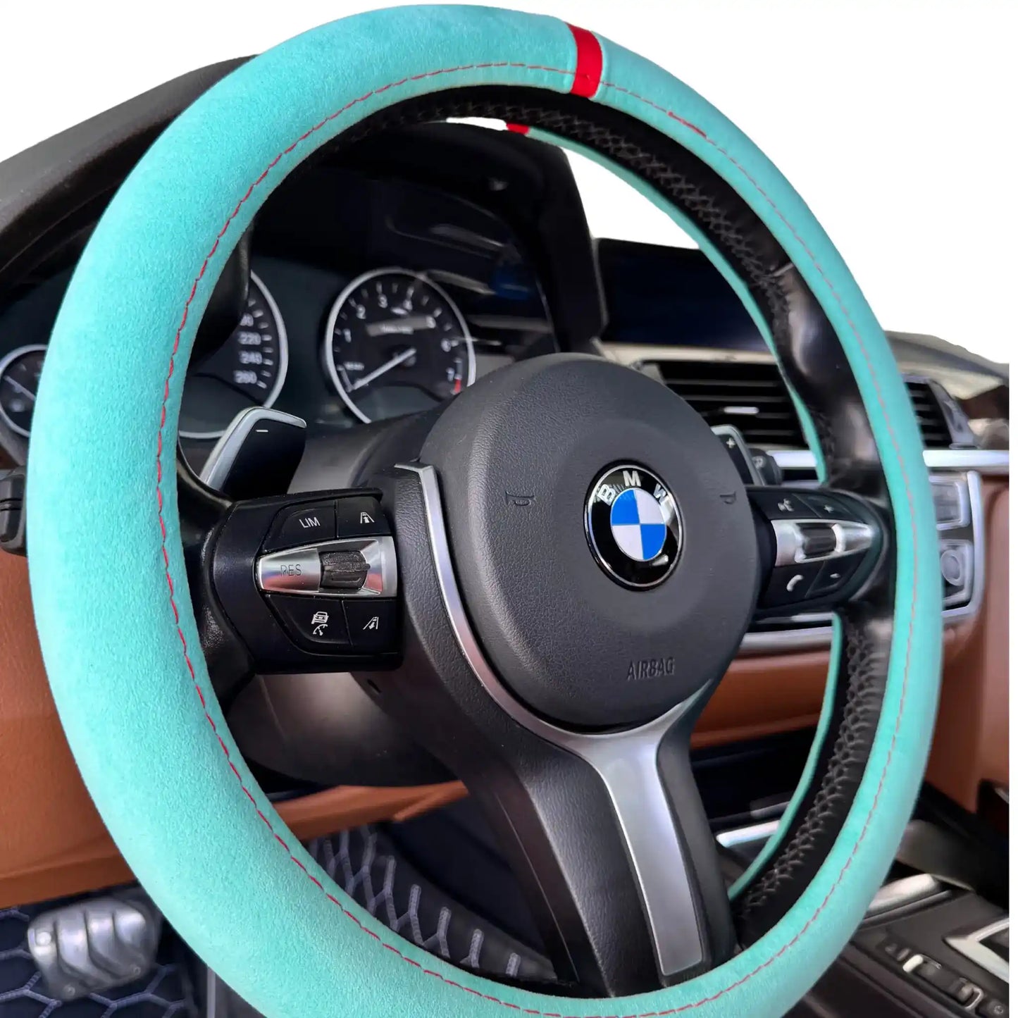 Couvre Volant Complet en Alcantara - Bleu Tiffany et Surpiqures Rouges