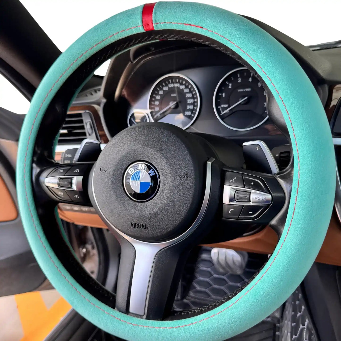 Couvre Volant Complet en Alcantara - Bleu Tiffany et Surpiqures Rouges