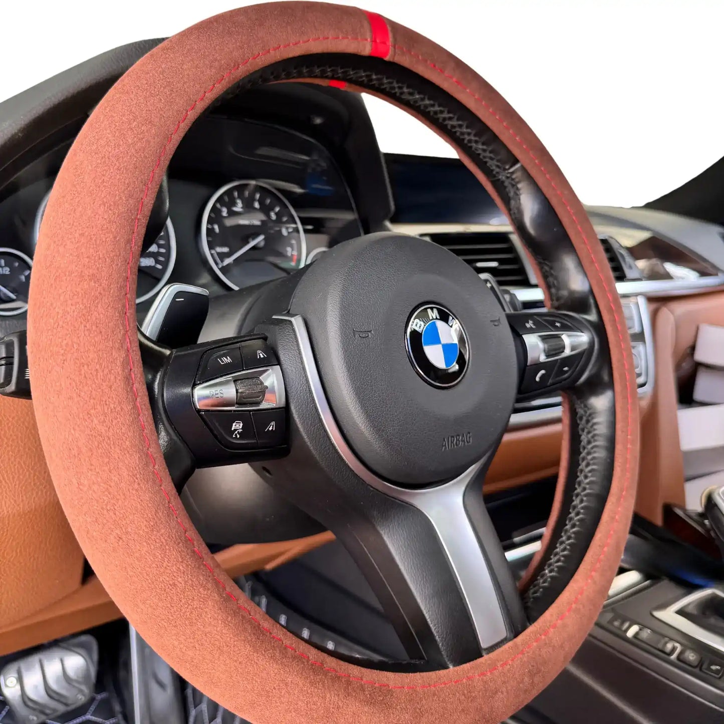 Couvre Volant Complet en Alcantara - Marron Chocolat et Surpiqures Rouges