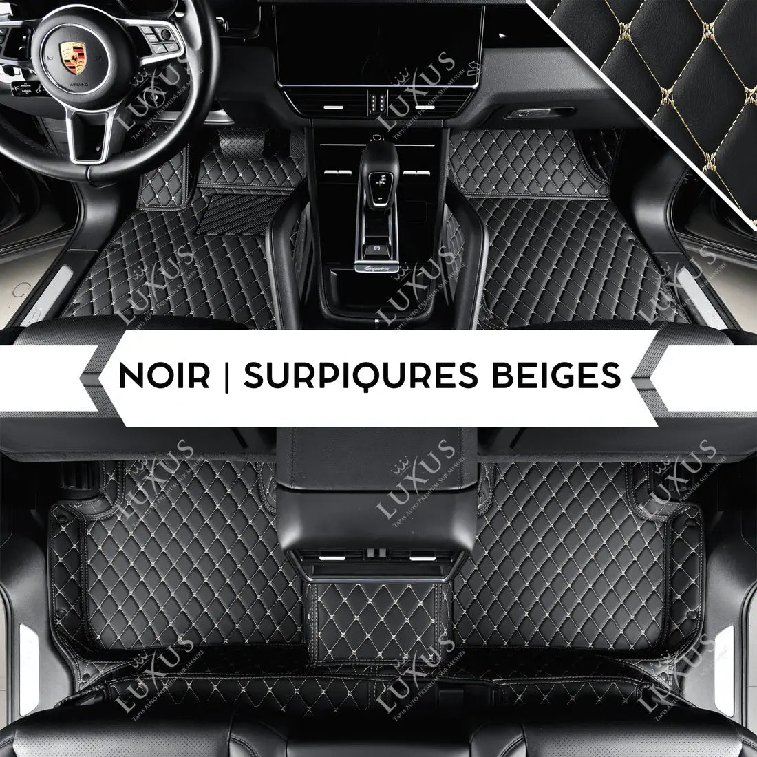 Tapis de Sol Premium Sur Mesure en 3D | Motif Losange | Noir & Surpiqûres Beiges