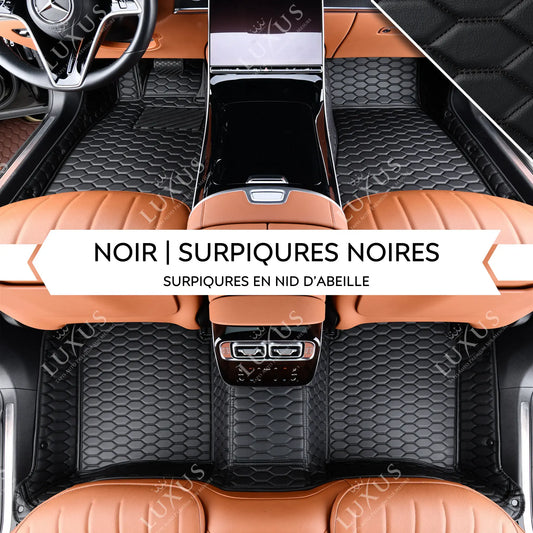 Tapis de Sol Premium Sur Mesure en 3D | Motif Nid d'Abeille | Noir et Surpiqures Noires
