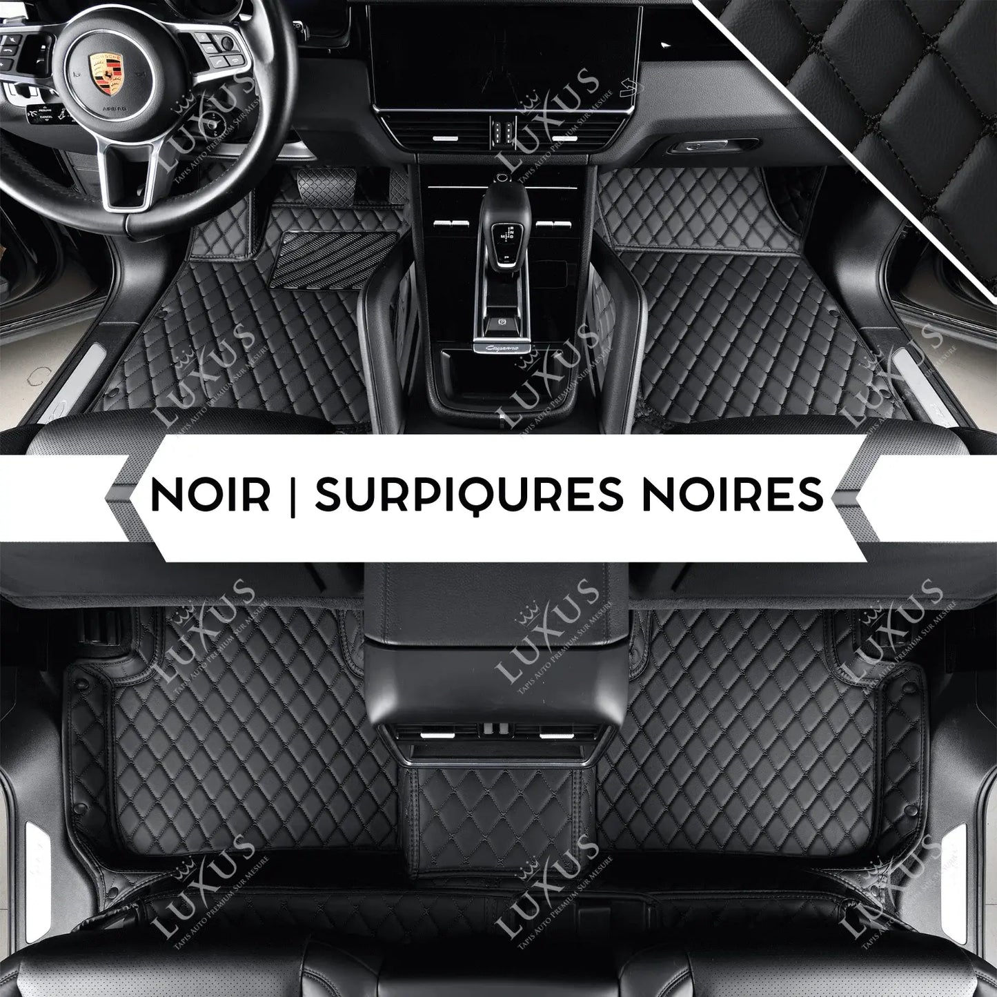 Tapis de Sol Premium Sur Mesure en 3D | Motif Losange | Noir & Surpiqûres Noires