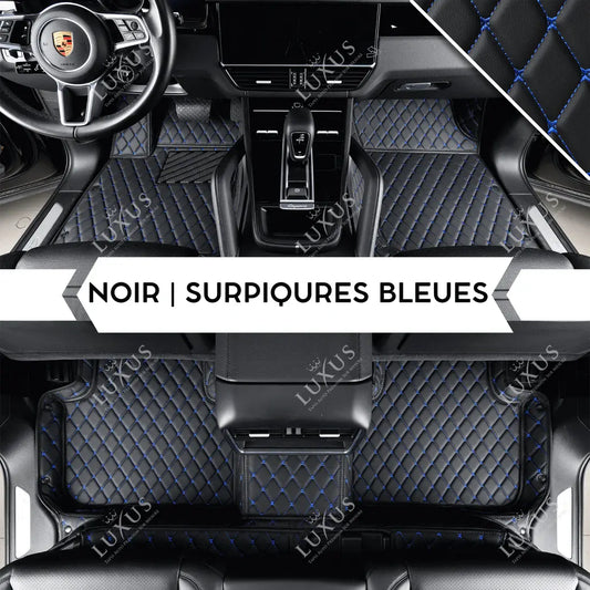 Tapis de Sol Premium Sur Mesure en 3D | Motif Losange | Noir & Surpiqûres Bleues
