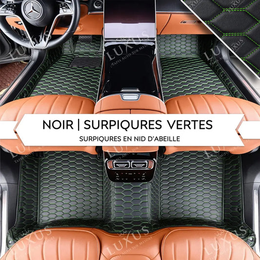 Tapis de Sol Premium Sur Mesure en 3D | Motif Nid d'Abeille | Noir et Surpiqures Vertes