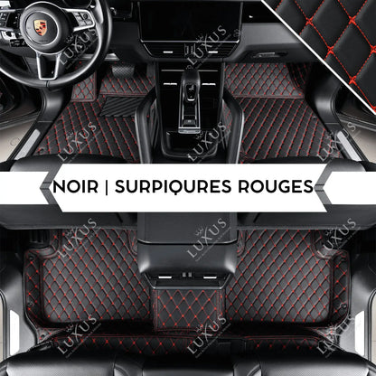Tapis de Sol Premium Sur Mesure en 3D | Motif Losanges | Noir & Surpiqûres Rouges