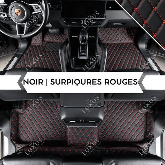 Tapis de Sol Premium Sur Mesure en 3D | Motif Losange | Noir & Surpiqûres Rouges