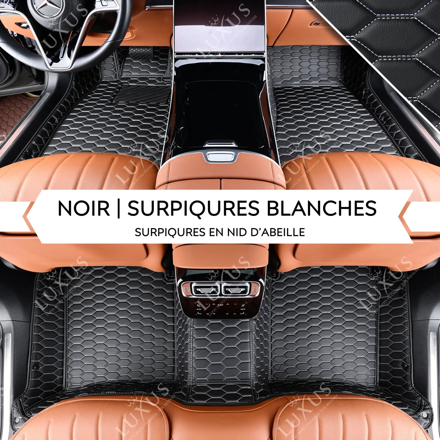 Tapis de Sol Premium Sur Mesure en 3D | Motif Nid d'Abeille | Noir et Surpiqures Blanches