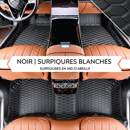 Tapis de Sol Premium Sur Mesure en 3D | Motif Nid d'Abeille | Noir et Surpiqures Blanches