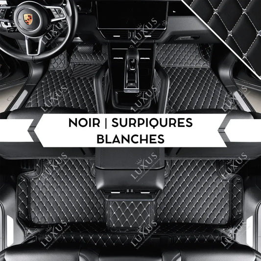 Tapis de Sol Premium Sur Mesure en 3D | Motif Losange | Noir & Surpiqûres Blanches
