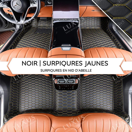 Tapis de Sol Premium Sur Mesure en 3D | Motif Nid d'Abeille | Noir et Surpiqures Jaunes