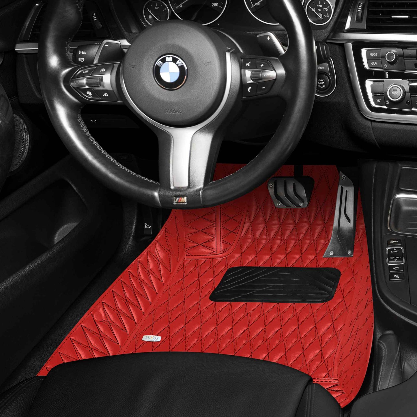 Tapis de Sol Premium Sur Mesure en 3D | Motif Double Losange | Rouge Ferrari & Surpiqûres Noires
