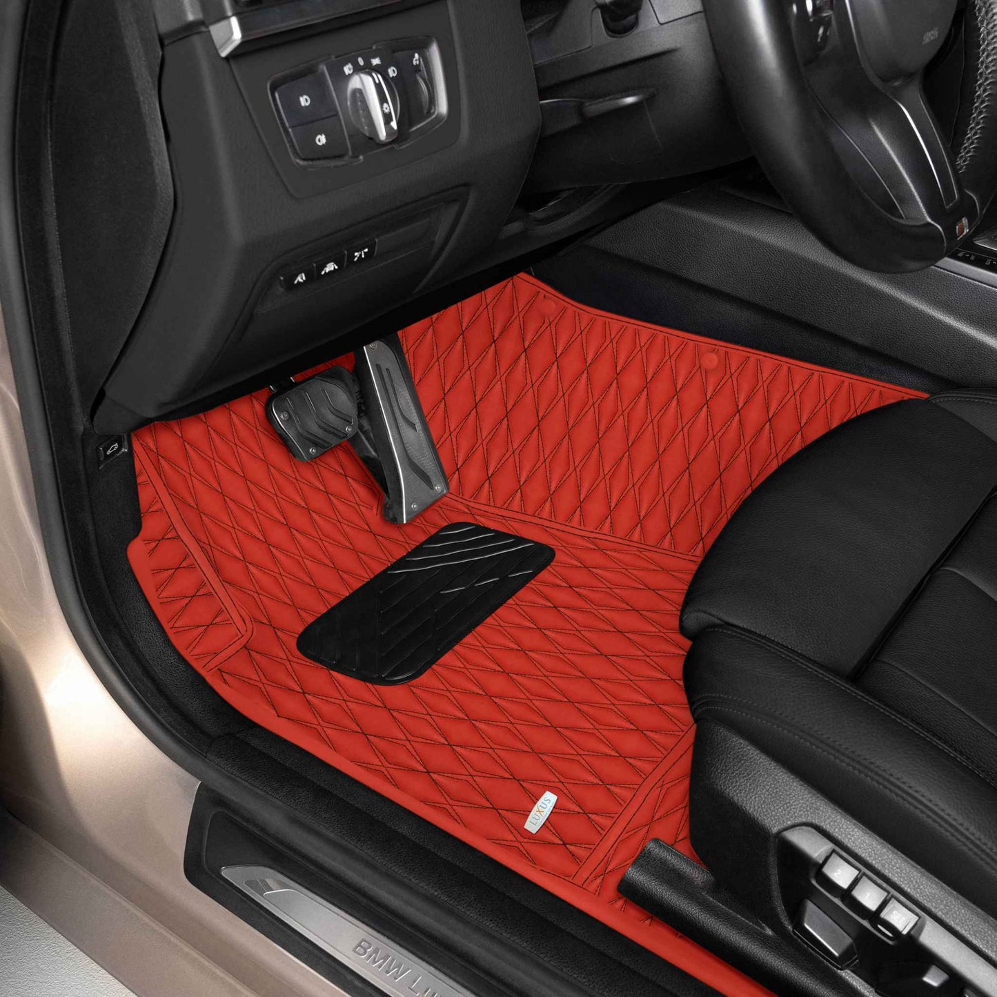 Tapis de Sol Premium Sur Mesure en 3D | Motif Double Losange | Rouge Ferrari & Surpiqûres Noires
