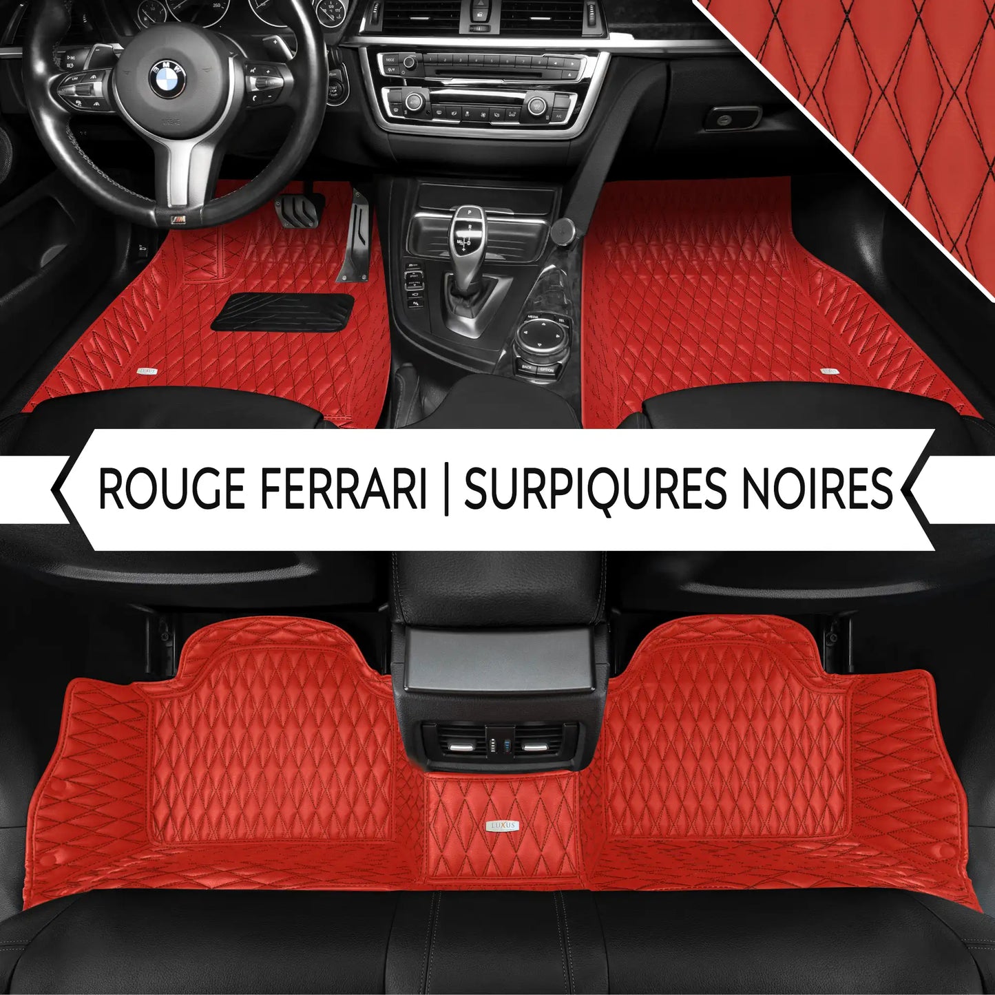 Tapis de Sol Premium Sur Mesure en 3D | Motif Double Losange | Rouge Ferrari & Surpiqûres Noires