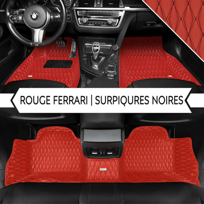 Tapis de Sol Premium Sur Mesure en 3D | Motif Double Losange | Rouge Ferrari & Surpiqûres Noires