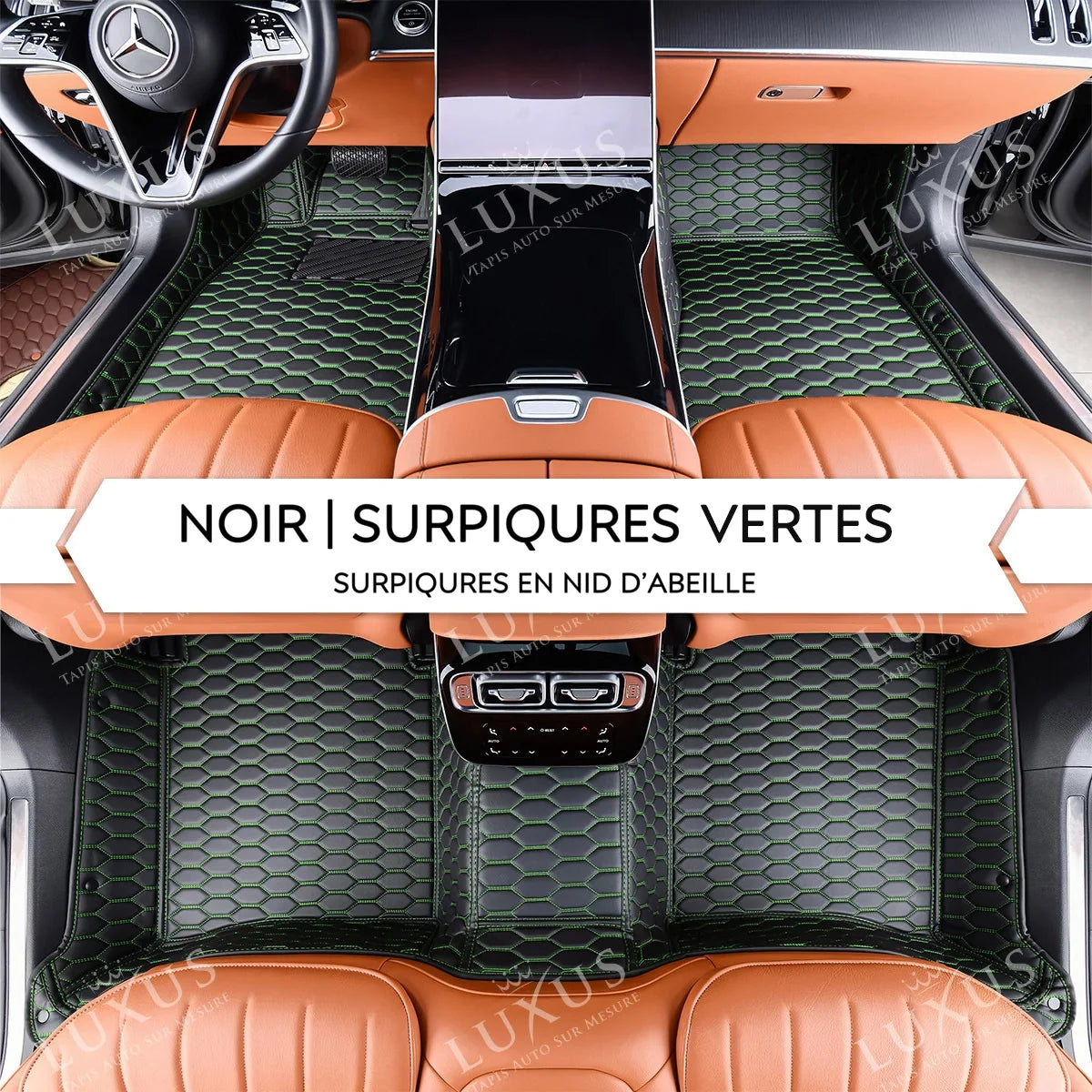 Tapis de Sol Premium Sur Mesure en 3D | Motif Nid d'Abeille | Noir et Surpiqures Vertes